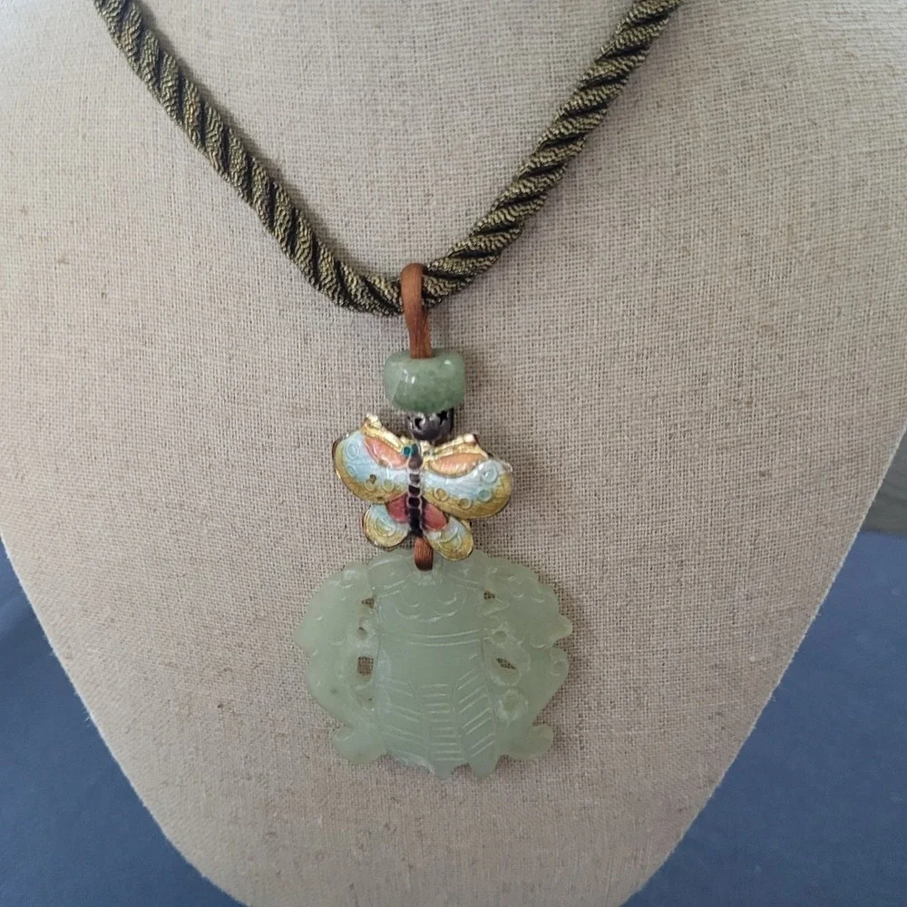 Vintage Chinese Carved Jade Cicada Pendant Cloisonne Butterfly Silk Cord